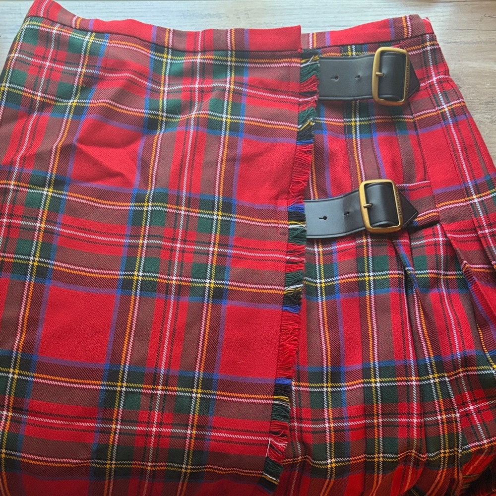 NWT Burberry Red Tartan Kilt style Skirt with Buckle Straps
